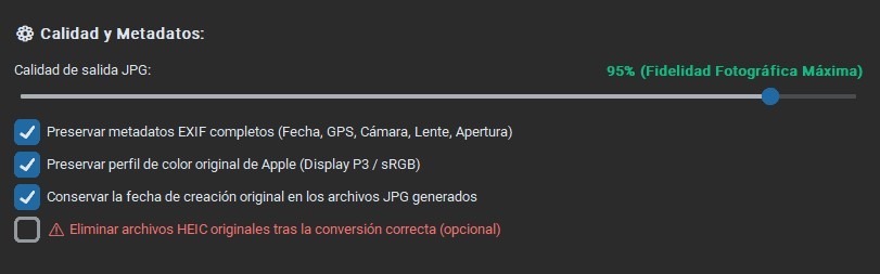 Ajustes de Calidad y Metadatos EXIF